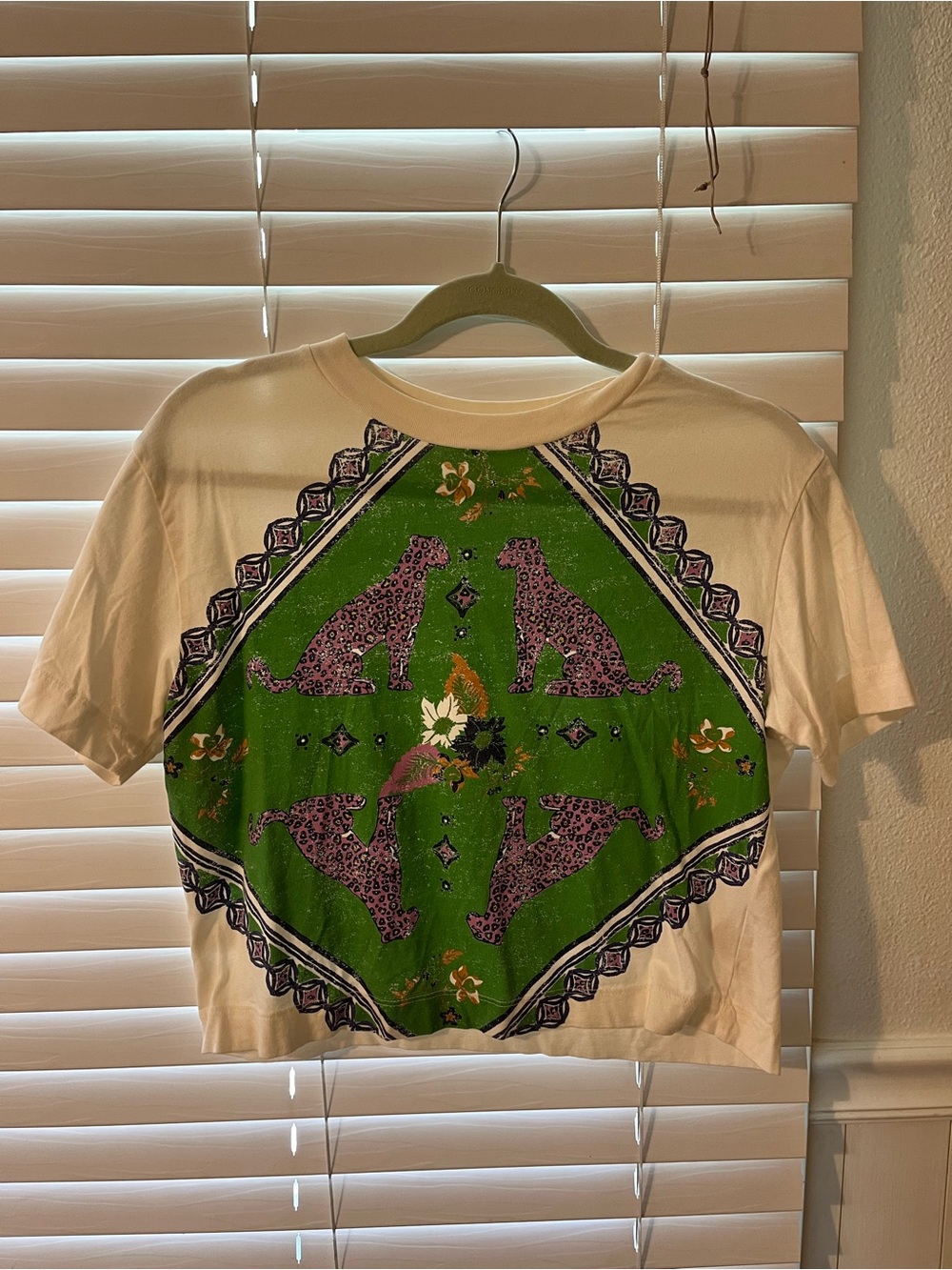Anthropologie White Crop Tee with Green Bandana Panel and Purple Leopard Print
